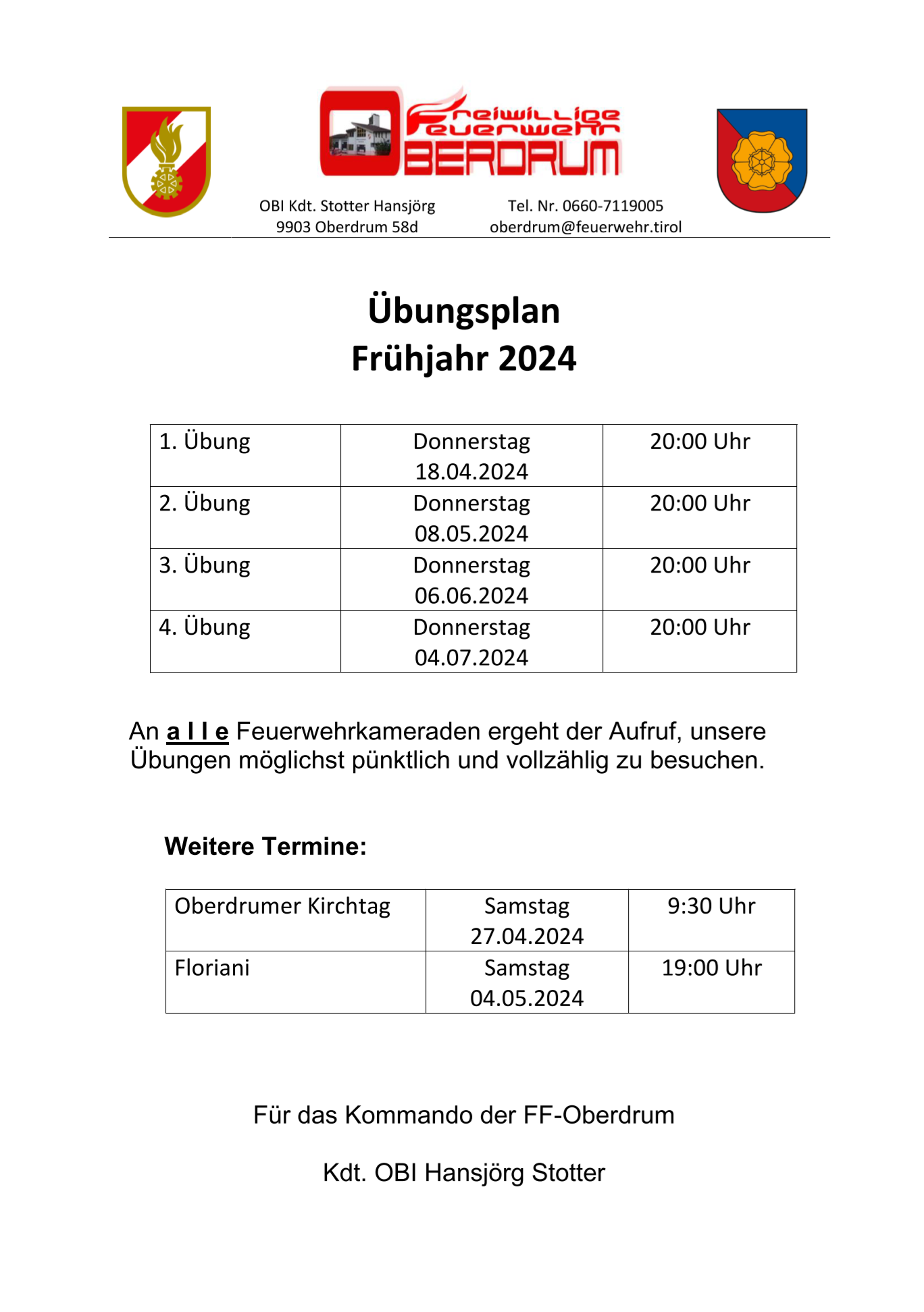 Uebungsplan Fruehjahr 2024